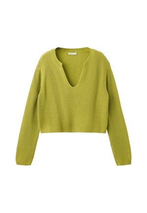 Grüner gestrickter, kurz geschnittener Pullover mit langen Ärmeln und tiefem V-Ausschnitt, flach auf weißem Hintergrund liegend.