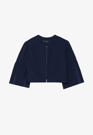 Veste courte navy avec manches bouffantes, fermeture à l'avant et col arrondi. Tissu lisse avec un éclat subtil. Étiquette indique "ANNA FIELD."