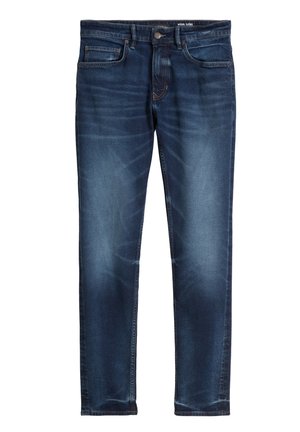 Donkerblauwe denim jeans met een slim fit, voorzien van voorzakken, subtiele vervaging en contrasterende stiksels op de naden.