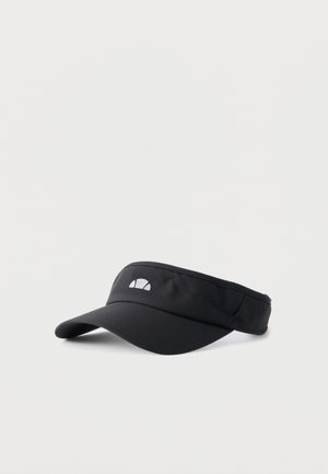 Schwarzes Sportvisor mit gebogenem Schirm und einem kleinen weißen halbkreisförmigen Logo in der Mitte vorne, vor einem schlichten hellen Hintergrund.