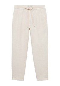 Krémové kalhoty vyrobené z lehkého materiálu, s vertikálními pruhy a páskem na šňůrku pro nastavitelnou velikost.