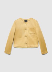 Yellow suede jacket with a round neck, long sleeves, and two front pockets. Features five gold-tone buttons and a logo tag inside.