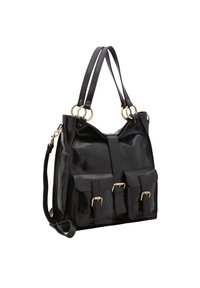 Zwart lakleren handtas met twee voorzakken, gouden hardware accenten, dubbele schouderbanden en een gestructureerde vorm.