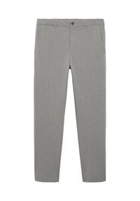 Pantalon gris clair à jambes droites avec bouton et fermeture éclair à l'avant, passants de ceinture et poches latérales, présenté à plat sur un fond blanc.