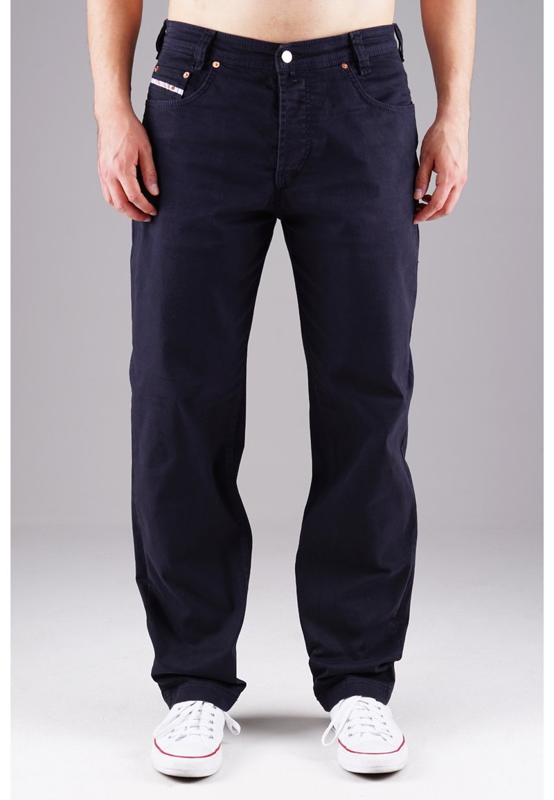 Navy blue cotton trousers with a relaxed fit, featuring copper-tone hardware and a decorative pocket detail. Plain texture, no visible patterns.