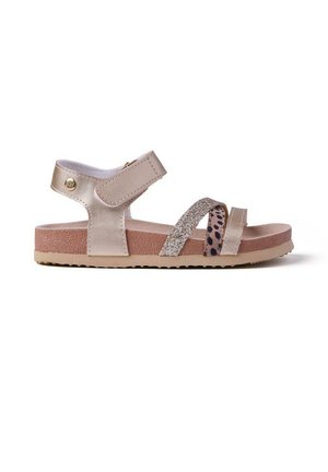 Sandales dorées avec des brides réglables, ornées d'accents pailletés et d'une bande à imprimé léopard. Semelle en caoutchouc texturée pour adhérence et confort.