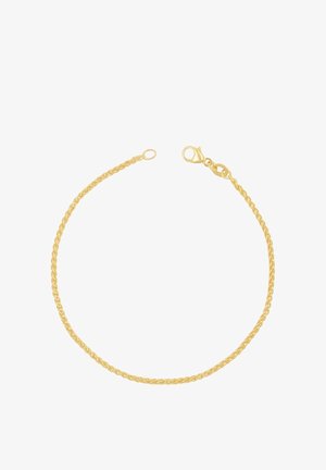 Bracciale d'oro con design a catena intrecciata e chiusura a moschettone. Superficie liscia e lucida con maglie distribuite in modo uniforme.