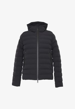 Giacca a vento nera imbottita con cappuccio, zip frontale e tasche laterali con zip, progettata per il freddo.