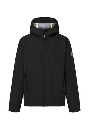 Zwarte hoodie-jack met voorritssluiting, twee ritssluiting-zijzakken en kleine witte tekst op de bovenarm.