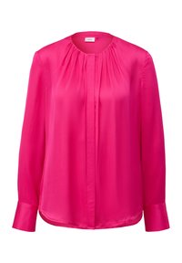 Helles pinke Langarmbluse aus glattem Stoff, mit Rundhalsausschnitt, vorderen Falten und geknöpften Manschetten sowie einem abgerundeten Saum.