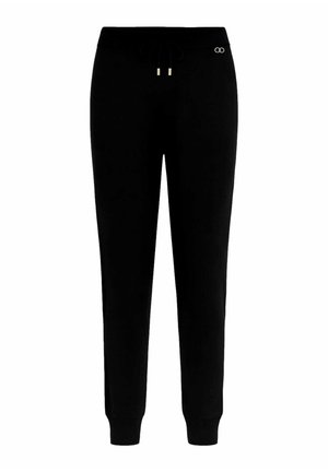 Pantaloni jogger neri realizzati in tessuto morbido. Presentano una vita a costine con cordoncino e polsini, accentuati da dettagli metallici.