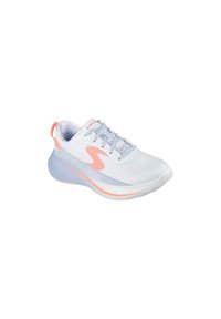 Scarpa da ginnastica Skechers bianca e azzurro chiaro con dettagli corallo, con lacci frontali e suola imbottita inclinata a sinistra.