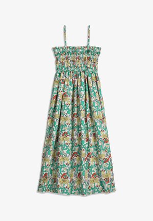 Robe d'été sans manches, smockée, avec fines bretelles, présentant un motif floral et abstrait coloré en vert, jaune, rouge et blanc.