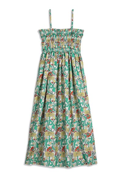 Mouwloze, geplooide zomerjurk met dunne bandjes, voorzien van een kleurrijk bloemrijk en abstract patroon in groen, geel, rood en wit.