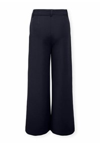 Pantalon large noir avec une texture de tissu lisse. Dispose d'une taille ajustée et d'une silhouette fluide du taille à l'ourlet.