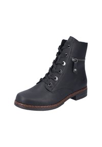 Bottine noire en cuir avec bout rond, lacets à l'avant, fermeture éclair sur le côté, semelle texturée et accent en cuir marron cousu autour de la base.
