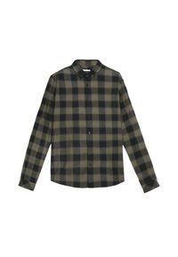 Langsleeve knoopshirt met een donkergroen en zwart geruit patroon, klassieke kraag en knoopmanchetten.