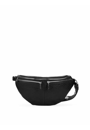 Riñonera de imitación cuero negro con dos cremalleras frontales, una superficie texturizada y detalles decorativos en las correas. Diseño compacto y curvado.