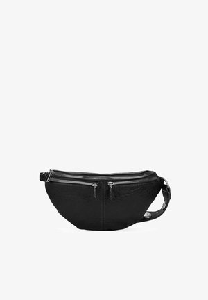 Riñonera de imitación cuero negro con dos cremalleras frontales, una superficie texturizada y detalles decorativos en las correas. Diseño compacto y curvado.
