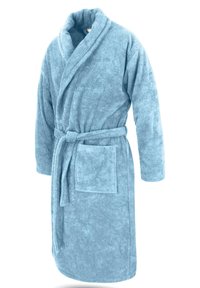 Hellblauer, strukturierter Bademantel aus weichem Material. Mit Schalkragen, Taillengürtel und einer Fronttasche auf der linken Seite.