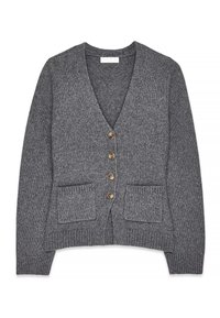 Grauer gestrickter Cardigan mit V-Ausschnitt, fünfknöpfigem Verschluss und zwei Fronttaschen. Mit gerippten Bündchen und Saum.