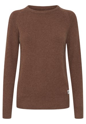 Maglione marrone realizzato in un morbido tessuto testurizzato. Presenta maniche lunghe e un collo rotondo, con dettagli a coste sui polsini e sull'orlo.