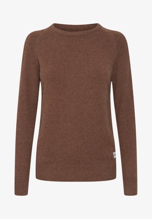 Smeđa majica od mekanog, teksturiranog materijala. Ima duge rukave i okrugli izrez, s rebrastim detaljima na rukavima i rubu.