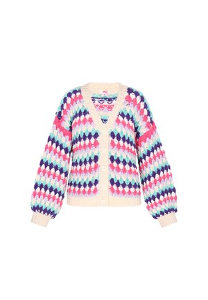 Häkel-Cardigan mit V-Ausschnitt, mehrfarbigem Rautenmuster in den Farbtönen Rosa, Lila und Aqua, mit beigen gerippten Bündchen und Knöpfen.