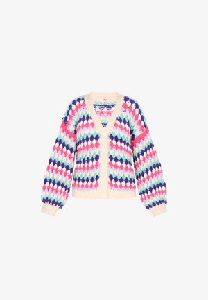 Sweter na szydełku z dekoltem w kształcie V, ozdobiony wielokolorowym wzorem w romby w odcieniach różu, fioletu i akwamaryny, z beżowymi ściągaczowymi mankietami i guzikami.