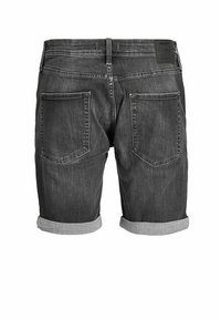 Gray denim shorts with rolled cuffs, featuring two back pockets with stitching detail and a black brand label at the waistband.