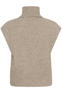 Beiger gestrickter ärmelloser Pullover mit hohem Rollkragen und breiten Schultern, gefertigt aus weichem, strukturiertem Stoff.