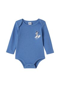 Langärmliger blauer Body aus weichem Baumwollstoff mit einem bedruckten Mickey-Mouse-Design auf der Brust und Druckknöpfen am Boden.