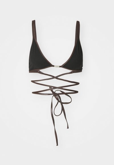 Black bikini top with a triangular design, featuring brown, crisscross straps tied at the back. Smooth texture and minimal hardware.