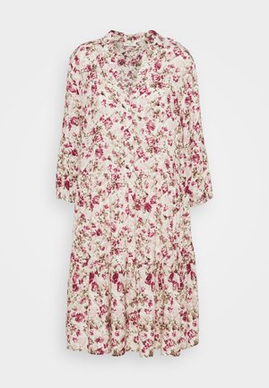 Floral midi dress with long sleeves, cream base color, pink and burgundy flower patterns, v-neckline, and tiered skirt design.