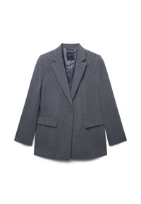 Blazer grigio con un sottile motivo a righe e piccoli punti bianchi. Presenta rever a punta, due tasche frontali e chiusura a un bottone.