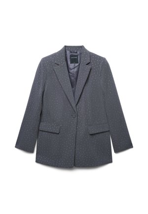 Grauer Blazer mit einem subtilen Nadelstreifenmuster und kleinen weißen Punkten. Mit Reverskragen, zwei vorderen Taschen und einer Einzelknopfverschluss.