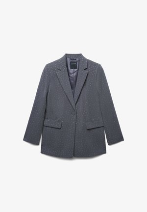 Gray blazer with a subtle pinstripe pattern and small white dots. Features notched lapels, two front pockets, and a single button closure.