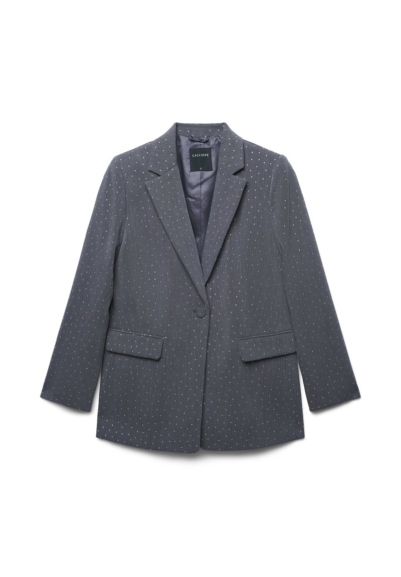 Blazer grigio con un sottile motivo a righe e piccoli punti bianchi. Presenta rever a punta, due tasche frontali e chiusura a un bottone.