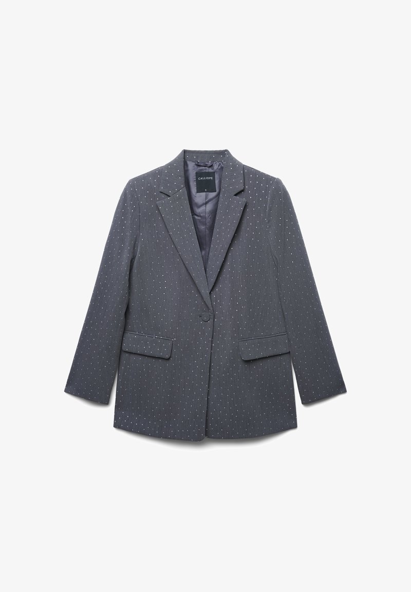 Blazer grigio con un sottile motivo a righe e piccoli punti bianchi. Presenta rever a punta, due tasche frontali e chiusura a un bottone.