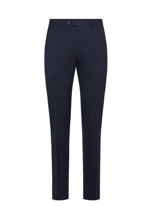 Pantalones de corte entallado en color navy, confeccionados en una tela suave. Cuentan con un cierre de botón único y bolsillos laterales. Diseño elegante con líneas limpias.