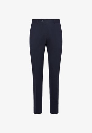 Niebieskie spodnie w kant o slim fit, wykonane z gładkiego materiału. Posiadają pojedyncze zapięcie na guzik oraz boczne kieszenie. Elegancki design z czystymi liniami.