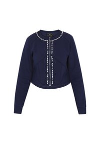 Sudadera corta azul marino con cremallera, decorada con perlas a lo largo del escote y en la parte delantera, con diseño de paneles texturizados.