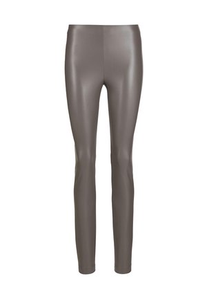 Hoch taillierte, eng anliegende Leggings aus mattgrauem, kunstlederähnlichem Material, ohne sichtbare Nähte und mit einer schlanken, glatten Textur.