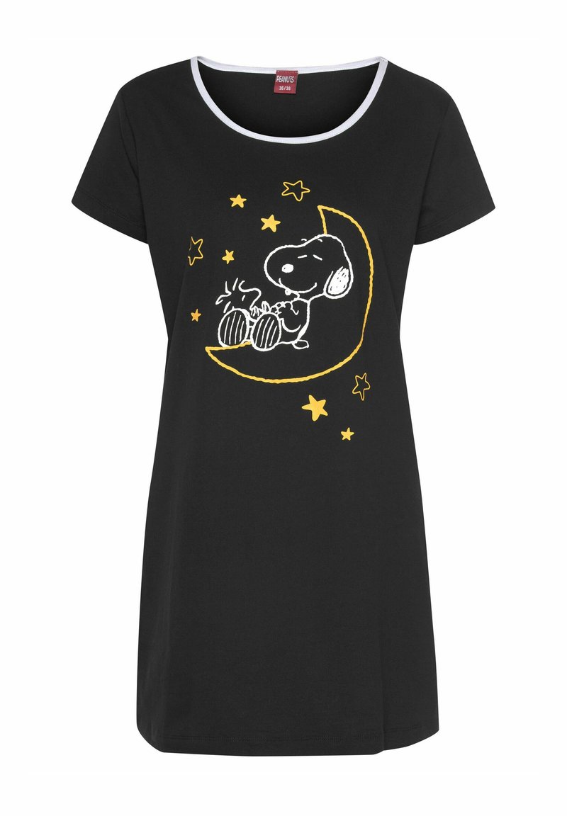 Black cotton nightdress with short sleeves, featuring a yellow and white Snoopy design on a crescent moon surrounded by stars.