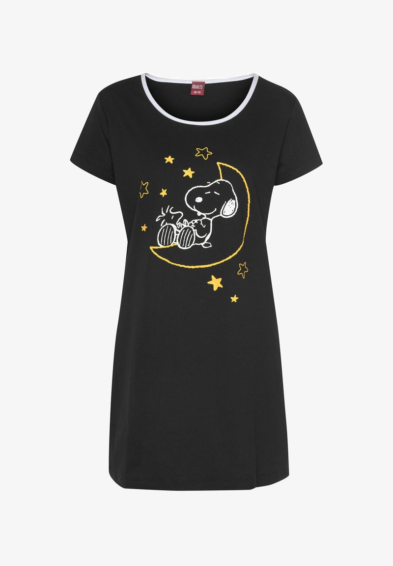 Black cotton nightdress with short sleeves, featuring a yellow and white Snoopy design on a crescent moon surrounded by stars.