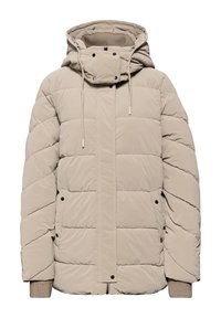 Béžová prošívaná bunda s odnímatelnou kapucí, zapínáním na přední druky, žebrovanými manžetami a horizontálním prošíváním pro izolaci a teplo.