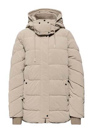 Beige toppatakki irrotettavalla hupulla, edessä läpät ja napit, resorit hihansuissa ja vaakasuora tikattu malli eristystä ja lämpöä varten.