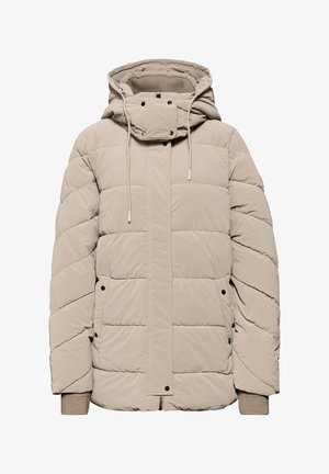 Beżowa kurtka puchowa z odpinanym kapturem, zapięciem na zatrzaski z przodu, ściągaczami na mankietach oraz poziomym pikowaniem zapewniającym izolację i ciepło.