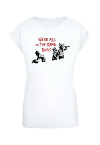 White short-sleeve T-shirt featuring black and red graphic text, "WE'RE ALL IN THE SAME BOAT," with three stylized figures in black.