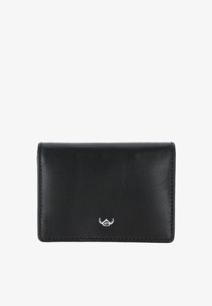 Portefeuille en cuir noir avec coutures visibles et petit logo argenté centré sur le devant, sur fond blanc.